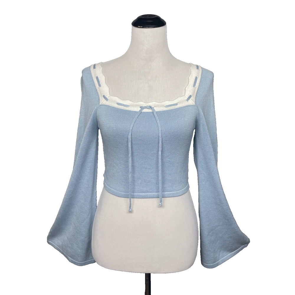 Dee Elly Womens M Flare Slv Crop Sweater Coquette Cottage Romantic Pastel Blue